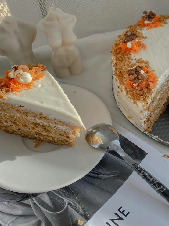 a slice of carrot cake on a plate, by Robbie Trevino, renaissance, premium, birthday cake on the ground, view from side, pastries