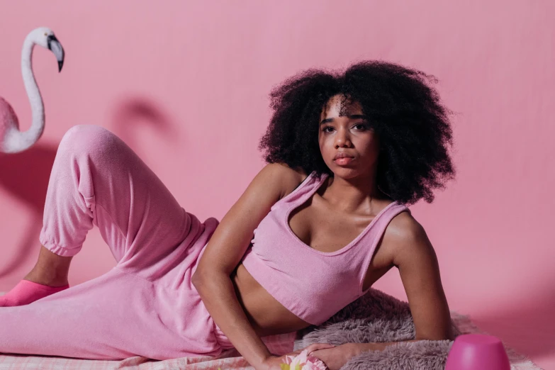a woman laying on a rug next to a pink flamingo, inspired by Esaias Boursse, trending on pexels, long afro hair, wearing a tracksuit, soft light 4 k in pink, wearing a crop top