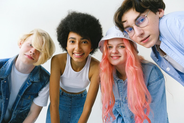 a group of young people standing next to each other, by Ellen Gallagher, pexels, antipodeans, bubblegum hair, being mixed, her hair is white, rex orange county
