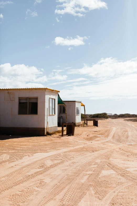 a couple of houses sitting on top of a dirt road, sandy beach, caravan, exterior, units