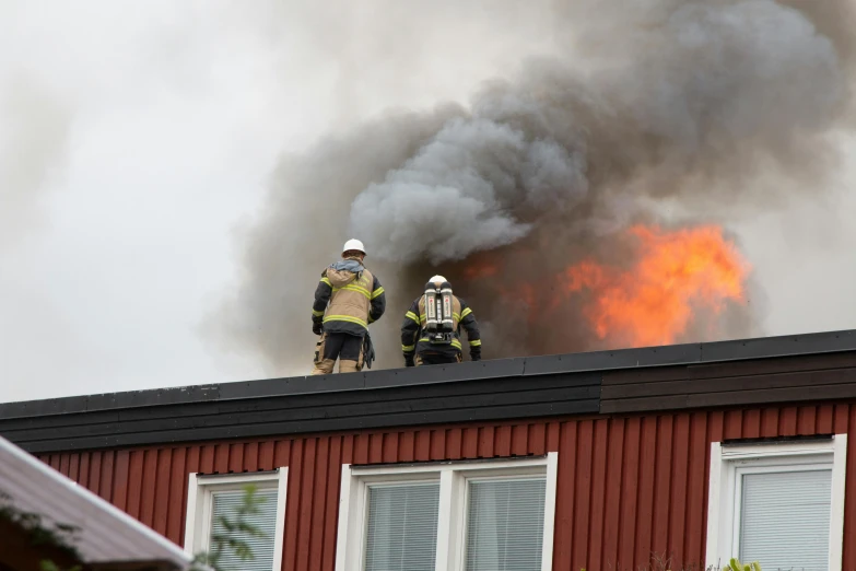 a group of firefighters standing on top of a building, a picture, by Ejnar Nielsen, hurufiyya, bedroom full of fire, bjørn, 15081959 21121991 01012000 4k, high quality photo