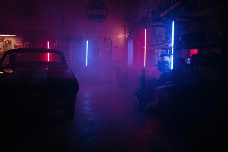 a car in a dark room with neon lights, inspired by Elsa Bleda, light and space, volume raytracing fog, dimly lit dive bar, lightsabers, cinestill colour