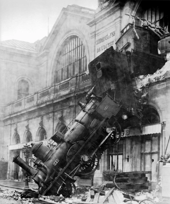 a train that is sitting on top of a pile of rubble, by Everett Warner, collapsing, train station, alexandre chaudret, 🚿🗝📝