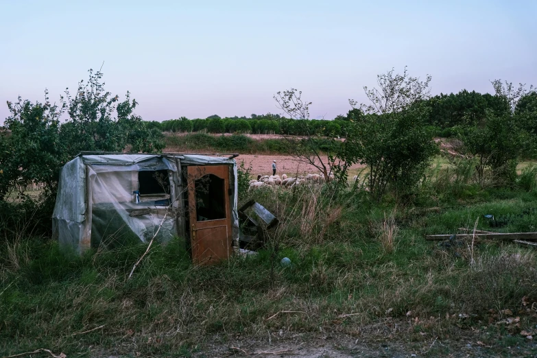 an old outhouse sitting in the middle of a field, by Daniel Lieske, many overgrown scrap cars, early evening, makeshift houses, blanca alvarez