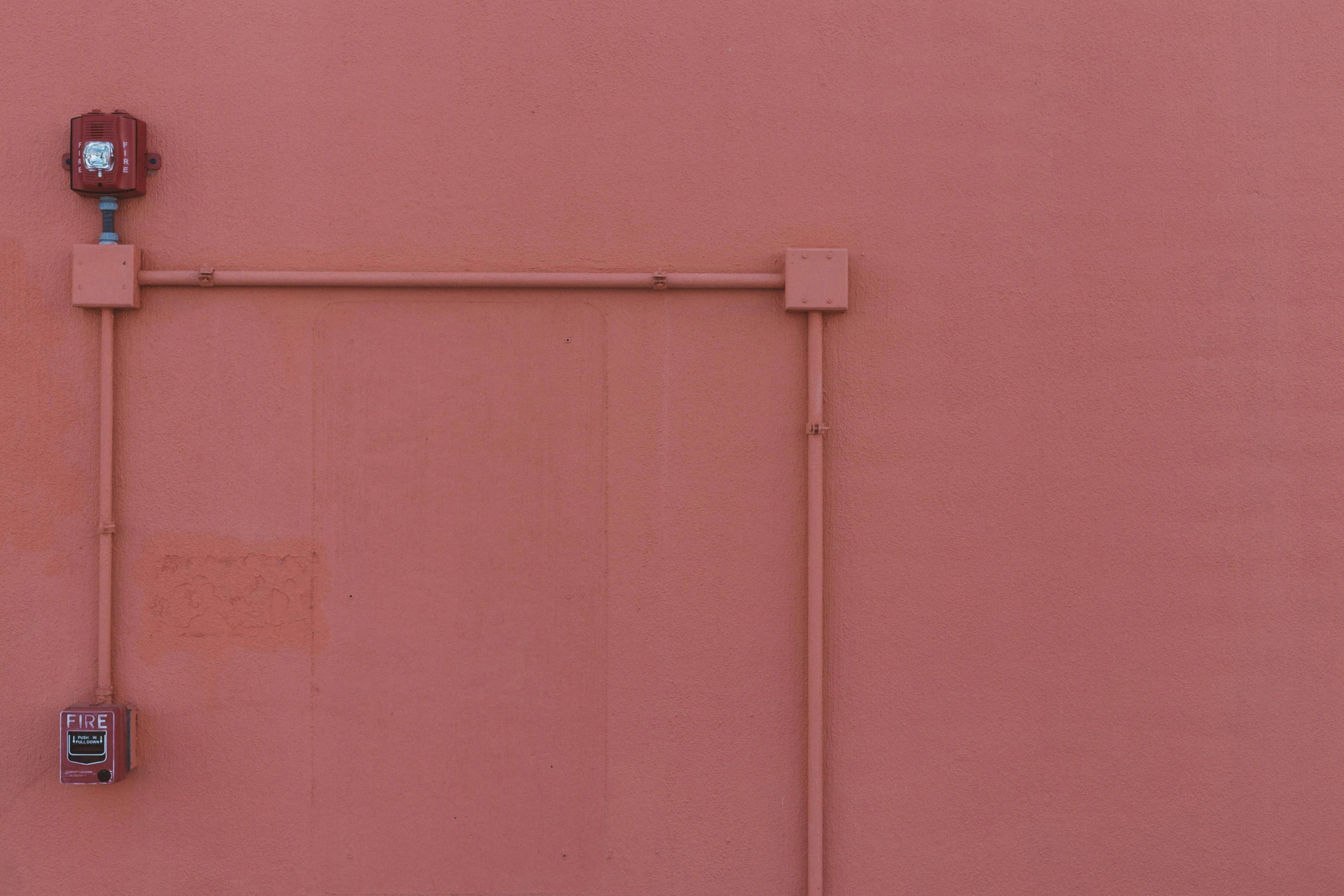 a red fire hydrant sitting on the side of a building, a minimalist painting, inspired by Robert Bechtle, unsplash, postminimalism, thin wires, light pink, rectangle, detail