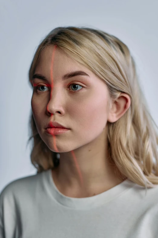 a woman with red lines on her face, a character portrait, by Adam Marczyński, trending on pexels, sydney sweeney, correct robot face, half - length head portrait, hyperrealistic teen