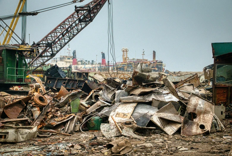 a crane standing on top of a pile of rubble, by William Berra, pexels contest winner, assemblage, shipwrecks, panoramic shot, rusty metal towers, promo image