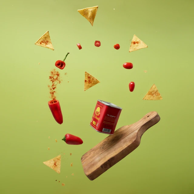 a can of chili sitting on top of a cutting board, a picture, by Julia Pishtar, conceptual art, flying shot, condorito, product render, floating pieces