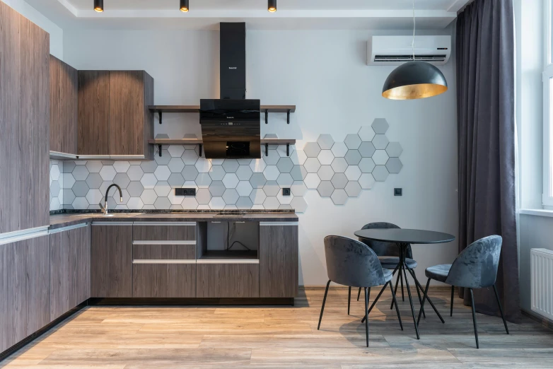 a kitchen with a table and chairs in it, by Adam Marczyński, hexagonal wall, fan favorite, 15081959 21121991 01012000 4k, apartment