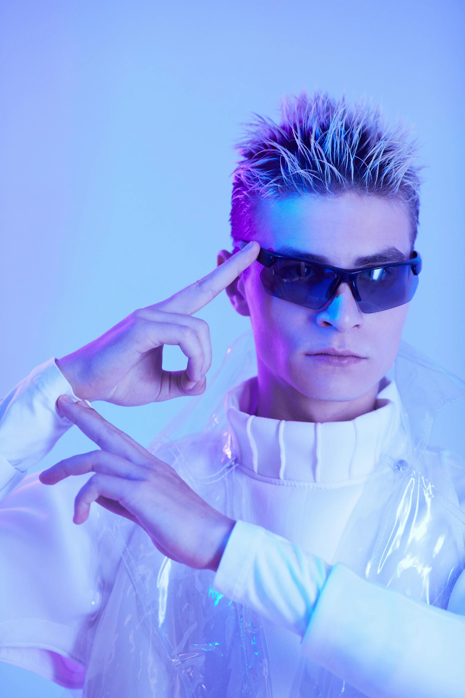 a man in a white shirt and sunglasses, an album cover, inspired by Adrian Zingg, wearing futuristic clothing, with index finger, professional modeling, vergil