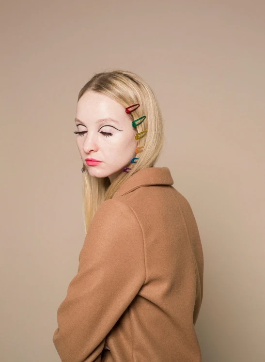 a woman with colorful hair clips on her head, inspired by Bert Stern, inspired in balthus, young blonde woman, 2019 trending photo, small straight nose