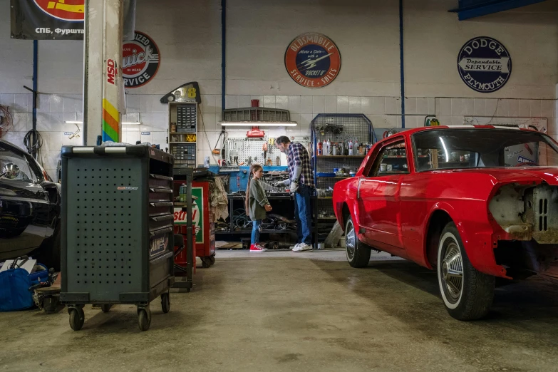 a red car is parked in a garage, by Matt Cavotta, les automatistes, in a workshop, customers, alana fletcher, by greg rutkowski