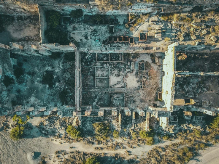 an aerial view of the ruins of a building, unsplash contest winner, baroque, burned, cyprus, key still, photo from the dig site