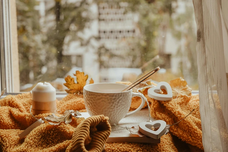 a cup of coffee sitting on top of a window sill, by Elaine Hamilton, pexels contest winner, 🍂 cute, lying on a fuzzy blanket, white and gold color scheme, render 8 k