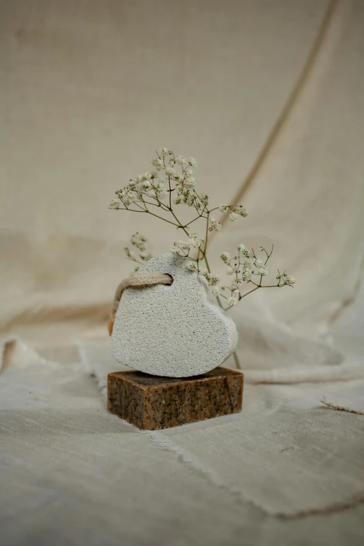 a white vase sitting on top of a wooden block, by Jessie Algie, concrete art, magic heart, gypsophila, detailed product image, small