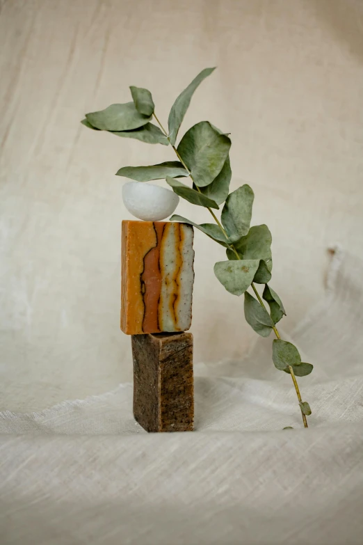 a close up of a vase with a plant in it, an abstract sculpture, by Jessie Algie, new sculpture, caramel. rugged, abstract blocks, carved soap, eucalyptus