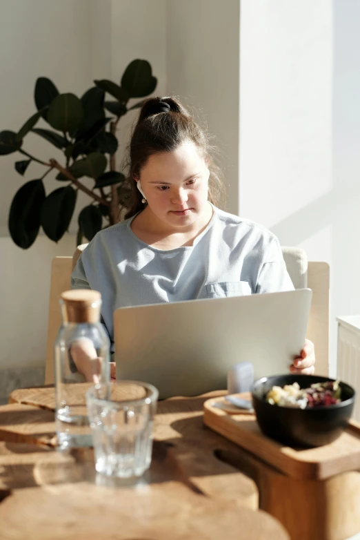 a woman sitting at a table with a laptop, bowl filled with food, sitting in a wheelchair, profile image, woman with braided brown hair