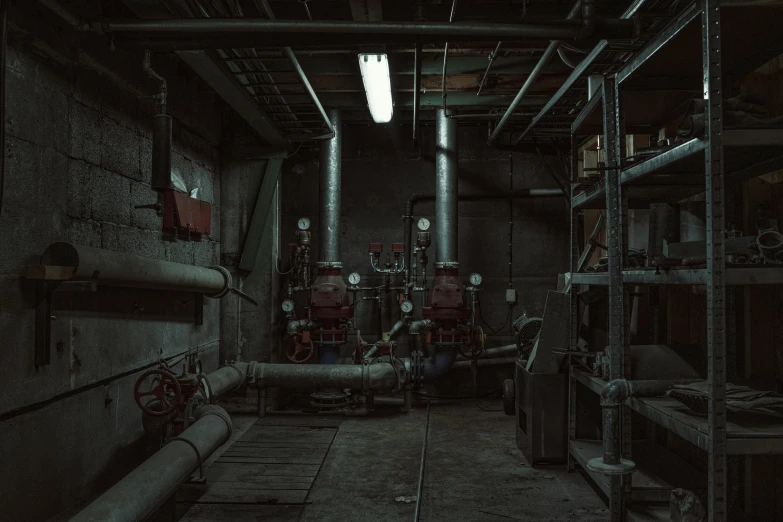 a room filled with lots of pipes and pipes, a detailed matte painting, inspired by Elsa Bleda, unsplash contest winner, dark scene with dim light, worksafe. instagram photo, pbr render, taken in the early 2020s