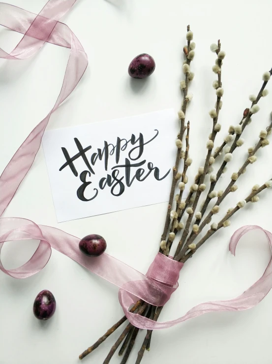 a bouquet of flowers and a card that says happy easter, pexels contest winner, ribbon, thumbnail, estrange calligraphy, indoor picture