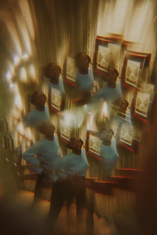 a group of people standing in front of a mirror, an album cover, inspired by Gordon Parks, pexels contest winner, conceptual art, glitchart, three-dimensional image, many angles, dreamy sequence