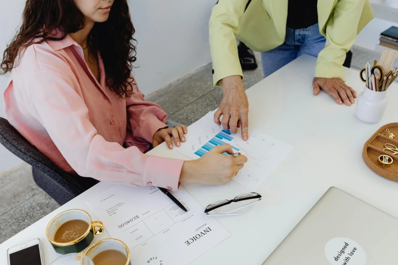 a couple of people that are sitting at a table, analytical art, wearing business casual dress, flatlay, woman holding another woman, charts