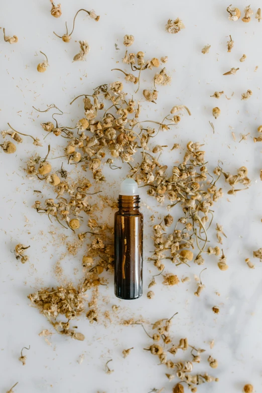 a bottle of essential oil surrounded by dried flowers, by Will Ellis, trending on unsplash, chamomile, thumbnail, 1 6 x 1 6, shades of gold display naturally