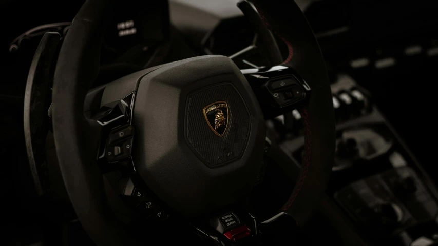 a close up of a steering wheel in a car, bold lamborghini style, black on black, thumbnail, vehicle