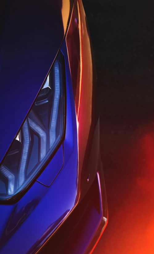 a close up of the front of a blue sports car, by Drew Tucker, conceptual art, jedi fallen order teaser, cobalt blue and pyrrol red, ultra photorealistic raytracing, purple and red