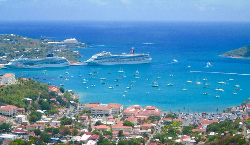 a view of a harbor with a cruise ship in the water, by Carey Morris, pexels contest winner, renaissance, caribbean, inspiring birds eye vista view, city of pristine colors, white buildings with red roofs