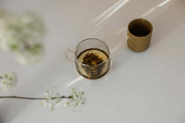 a cup of tea sitting on top of a table, inspired by Kanō Shōsenin, minimalism, glass and gold pipes, gold mist, detailed product shot, filled with fauna