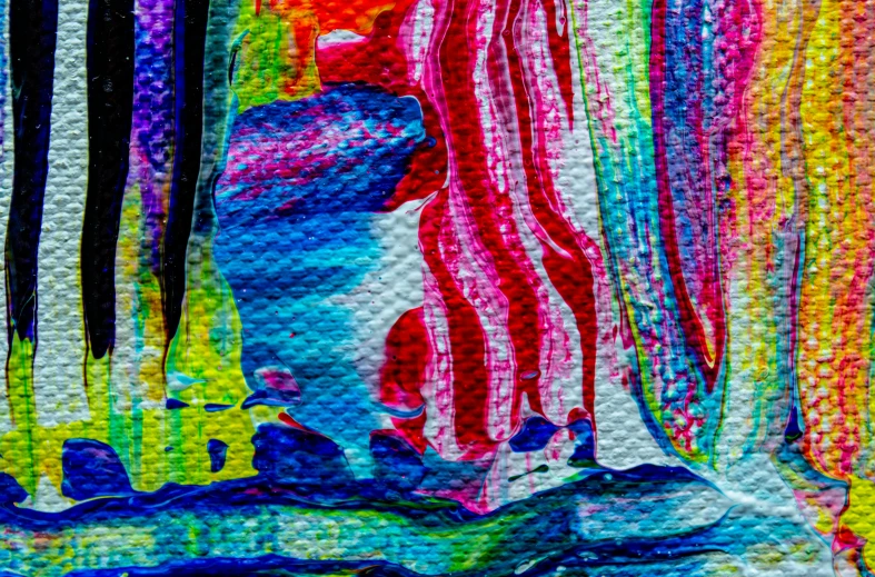 a painting of a woman sitting on a rock, an abstract painting, inspired by Morris Louis, pexels, neo-fauvism, bright microscopic view realism, detailed zoom photo, hdr fabric textures, colourful!! highly detailed