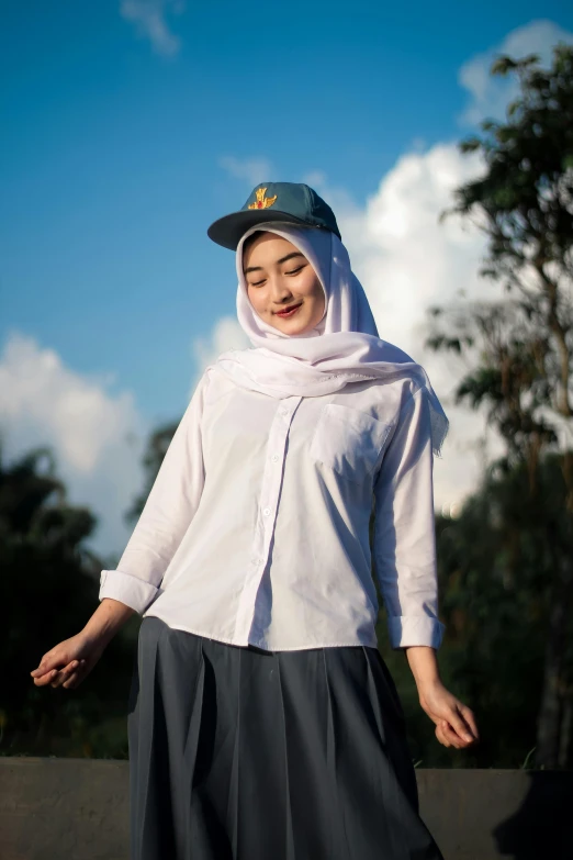 a woman in a white shirt and black skirt, by Basuki Abdullah, unsplash, hurufiyya, wearing a baseball cap, avatar image, plain uniform sky, wearing casual clothing