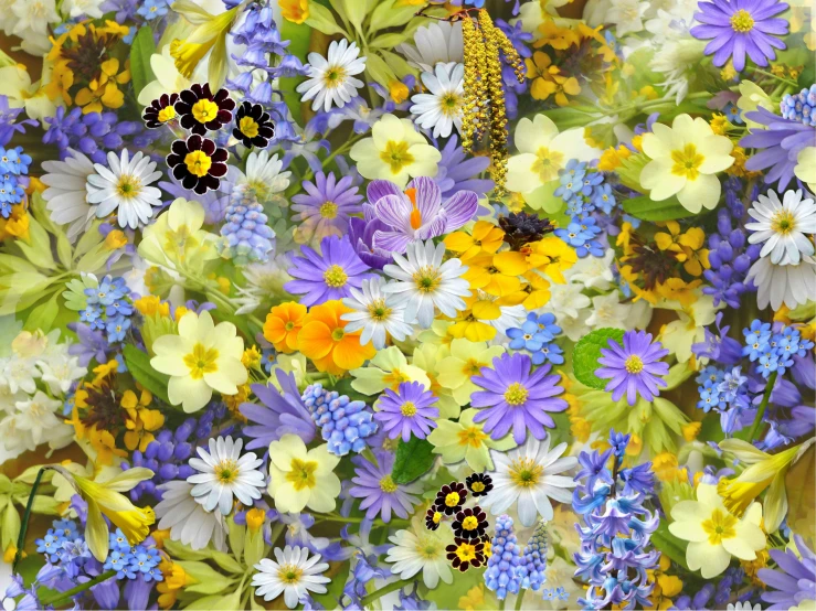 a close up of a bunch of flowers, inspired by Theodor Philipsen, seamless texture, lavander and yellow color scheme, spring blooming flowers garden, very very realistic