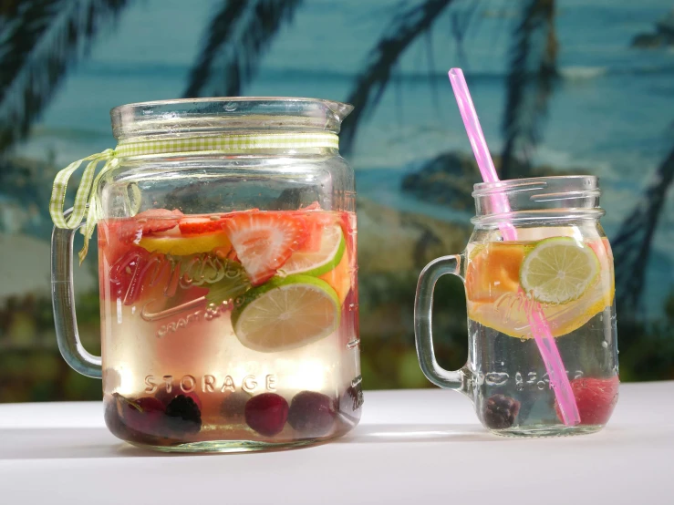 a couple of mason jars sitting on top of a table, lime and violet, ez water, multi - coloured, thumbnail