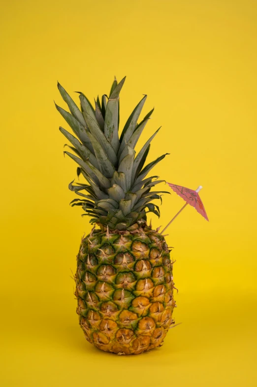 a pineapple with a pink umbrella on a yellow background, unsplash, photorealism, 🍸🍋, pose 4 of 1 6, drink, hyperdetailed