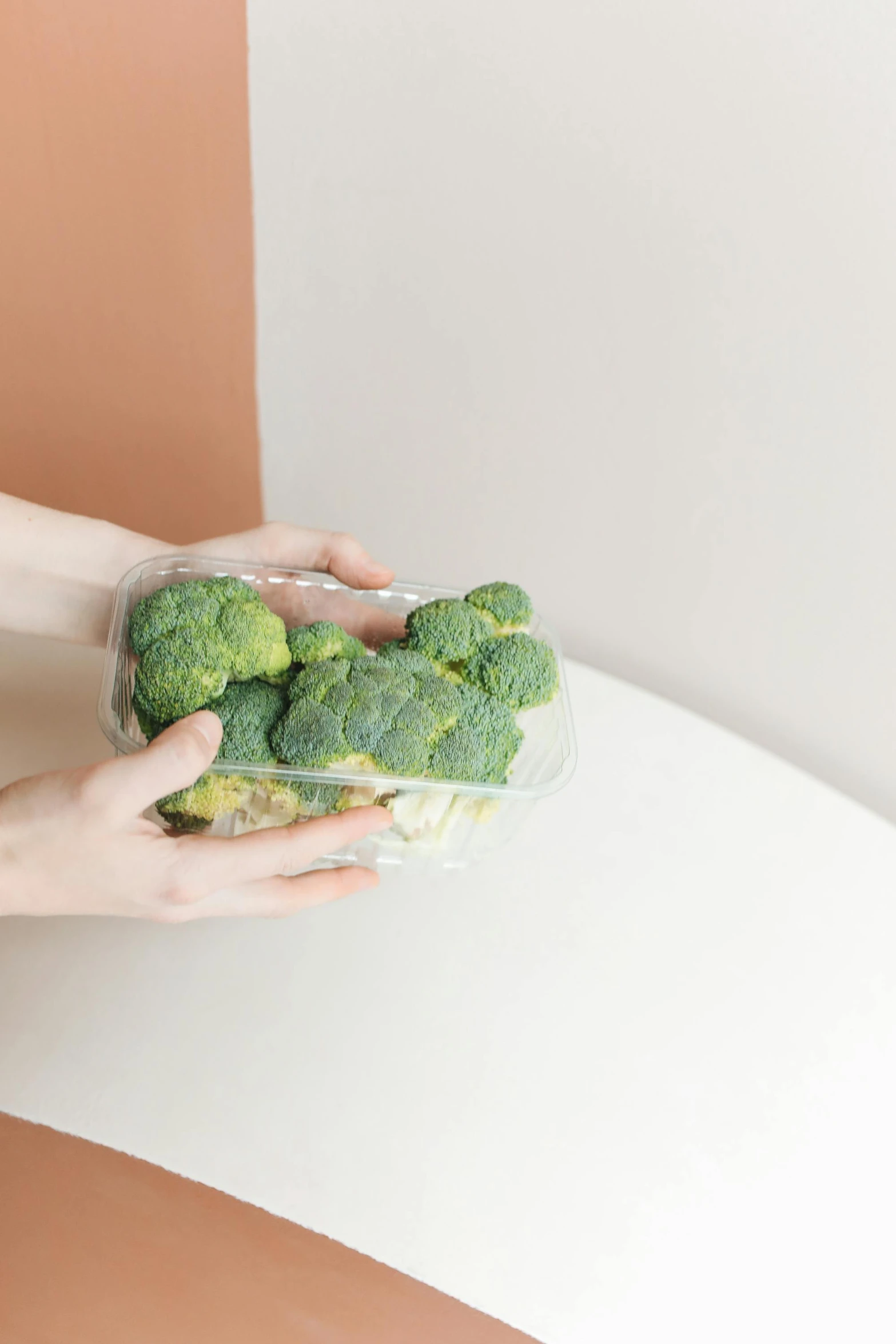 a close up of a person holding a bowl of broccoli, in plastic, minimalistic aesthetics, at the counter, 王琛