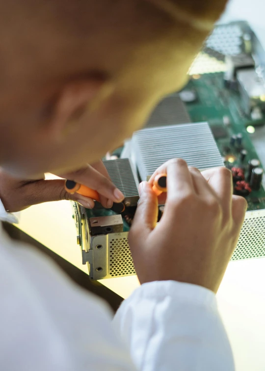 a woman is working on a computer motherboard, by Jason Felix, pexels, happening, ilustration, a photo of a man, fusing, 15081959 21121991 01012000 4k