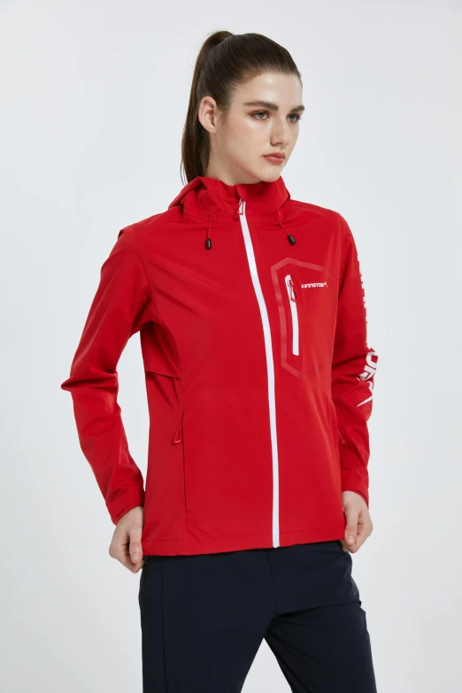 a woman wearing a red jacket and black pants, sleek waterproof design, product introduction photo, swanland, front profile