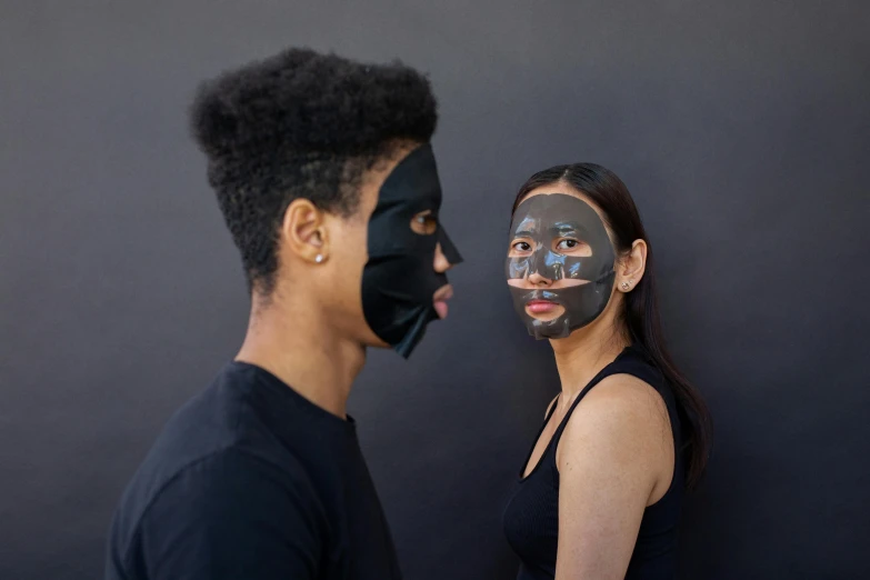 a man and a woman wearing face masks, by Nina Hamnett, dark black porcelain skin, korean, or black, thumbnail