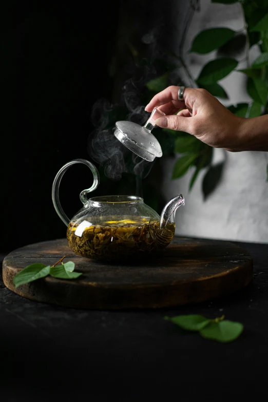 a person pouring tea into a glass teapot, inspired by Artemisia Gentileschi, herbs, 4l, night mood, displayed
