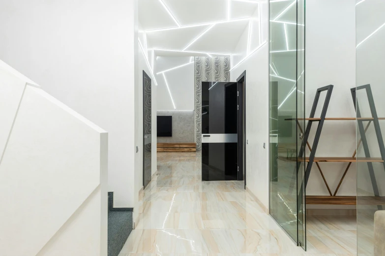 a hallway with wooden floors and white walls, a 3D render, by Adam Marczyński, pexels contest winner, light and space, lacquered glass, office ceiling panels, youtube thumbnail, mirror's edge in russia