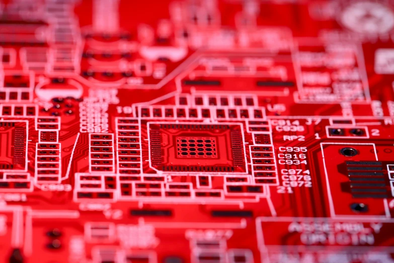 a close up of a red printed circuit board, by Daniel Lieske, digital art, square, promo, medium close - up ( mcu ), panels