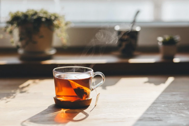 a cup of tea sitting on top of a wooden table, trending on pexels, sunlit, avatar image, profile shot, botanicals