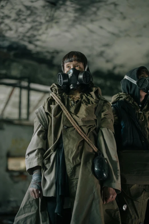 a couple of men standing next to each other wearing gas masks, 8 k movie still, wearing dirty travelling clothes, [ theatrical ], pentagon