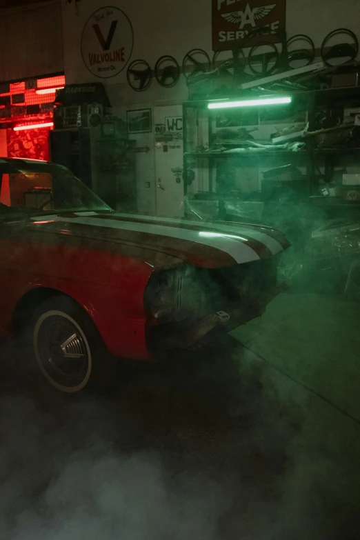 a car in a garage with smoke coming out of it, inspired by Elsa Bleda, pexels contest winner, photorealism, green 1967 ford mustang gt, red neon, rim lights and caustics, with glow on some of its parts