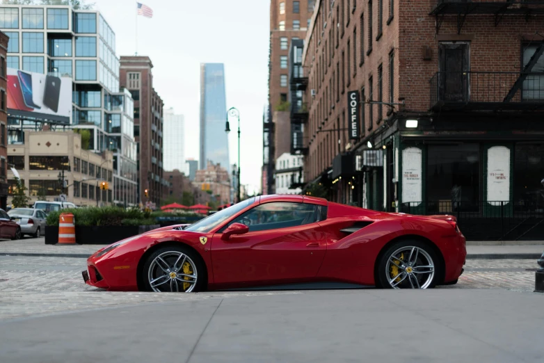 a red sports car parked on a city street, pexels contest winner, hyperrealism, humans of new york style, ferrari 458, 15081959 21121991 01012000 4k, full body profile