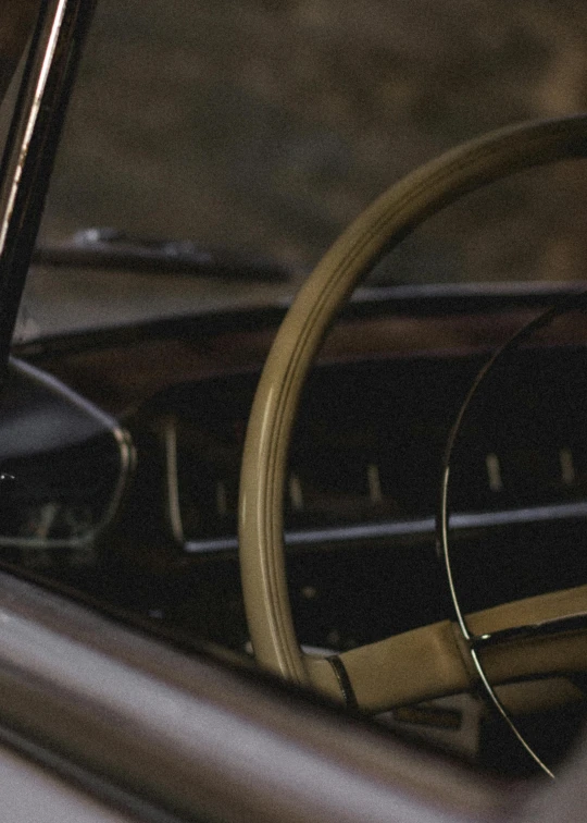 a close up of a steering wheel in a car, an album cover, by David Donaldson, trending on unsplash, tonalism, brown, side profile shot, alessio albi, 1961”