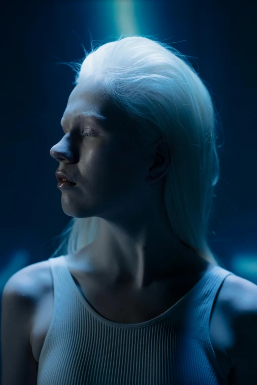 a woman with white hair wearing a tank top, inspired by Elsa Bleda, holography, perfectly lit. movie still, intense albino, aurora aksnes and zendaya, porcelain holly herndon statue