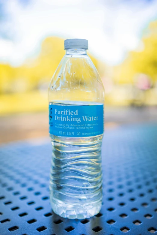 a bottle of water sitting on top of a table, happening, at a park, detailed product image, pristine water, product label