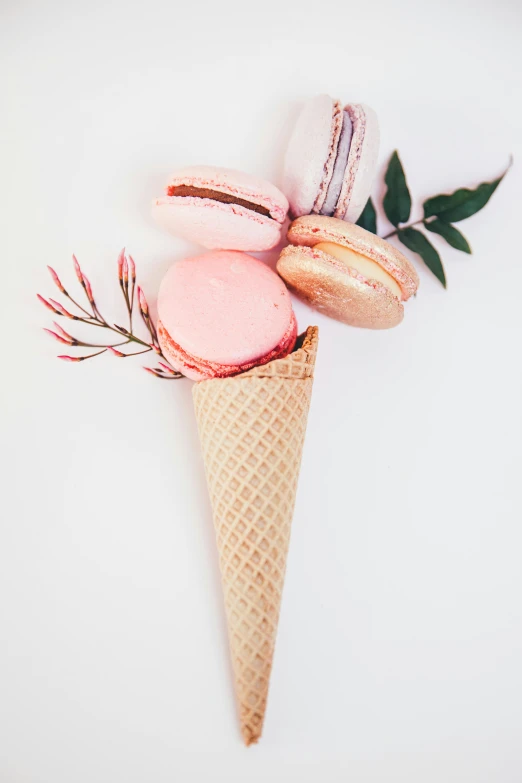 an ice cream cone with macarons in it, inspired by Rudolf von Alt, trending on unsplash, renaissance, ((pink)), botanical, petite, holiday
